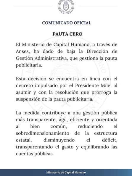 Pauta Cero: el Gobierno dio de baja al organismo encargado de la pauta publicitaria- Pauta Cero: el Gobierno dio de baja al organismo encargado de la pauta publicitaria