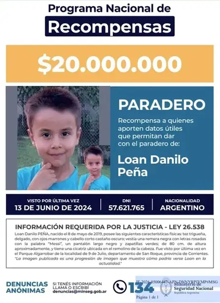 1769168002553 Caso Loan Peña: aumentaron a $20 millones la recompensa por información