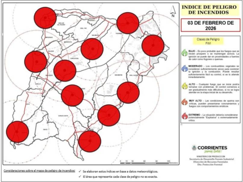 Por primera vez, hay riesgo extremo de incendios en todo Corrientes