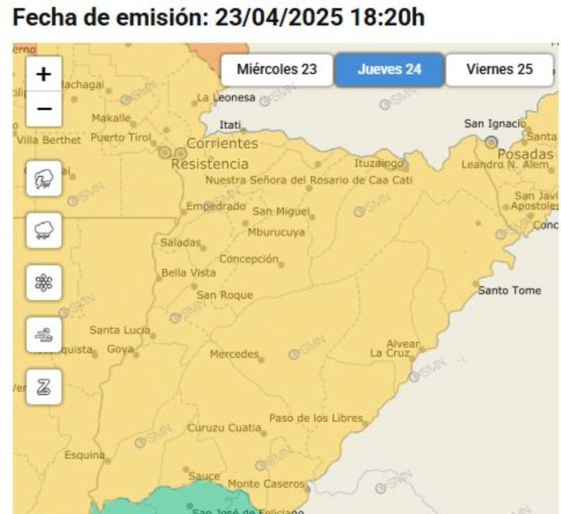 Alerta amarilla por tormentas fuertes en Corrientes  