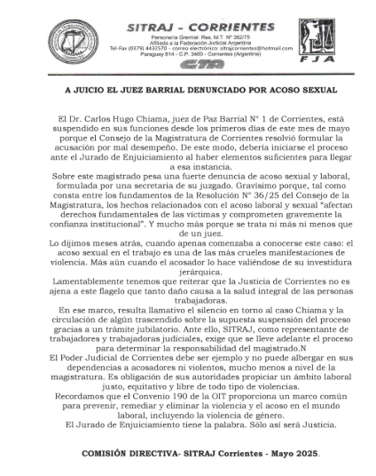 Un juez de Corrientes quedó suspendido de sus actividades por acoso sexual