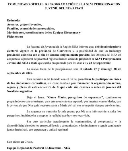 Por un posible ballotage, cambió la fecha de la Peregrinación Juvenil a Itatí