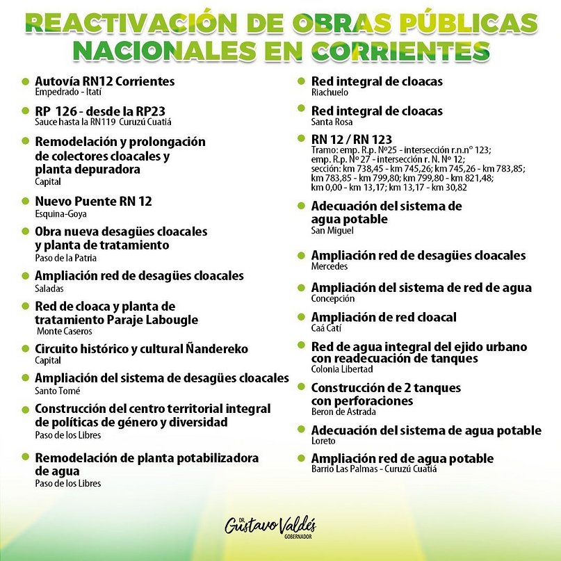 Todas las obras nacionales que se reanudarán en Corrientes