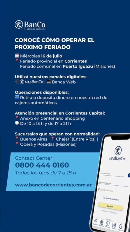 Banco de Corrientes: cómo será la atención durante el feriado provincial del 16 de julio