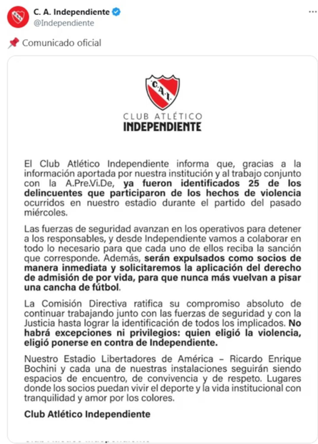Independiente identificó a 25 barrabravas que atacaron a hinchas de la U de Chile