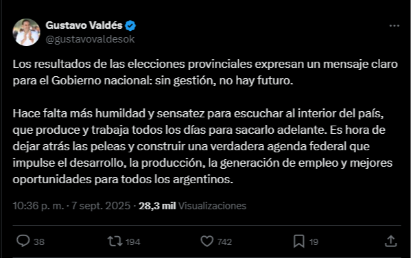 Valdés, tras la dura derrota de LLA: “Hace falta más humildad para escuchar al interior del país"- Valdés, tras la dura derrota de LLA: “Hace falta más humildad para escuchar al interior del país"