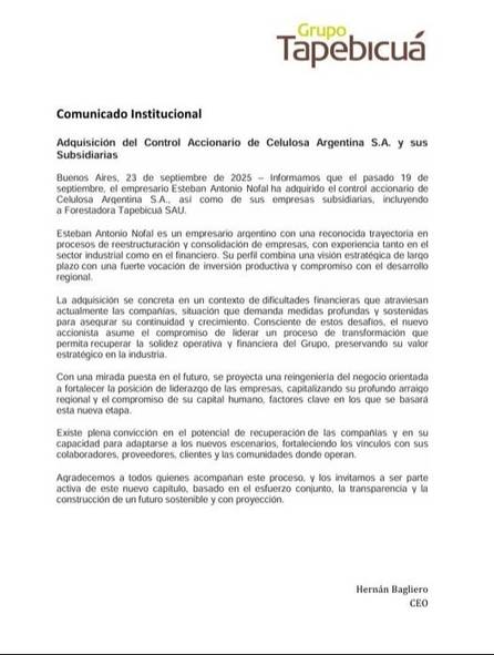 Tapebicuá cambia de dueño: la planta fue incluida en la compra de Celulosa Argentina