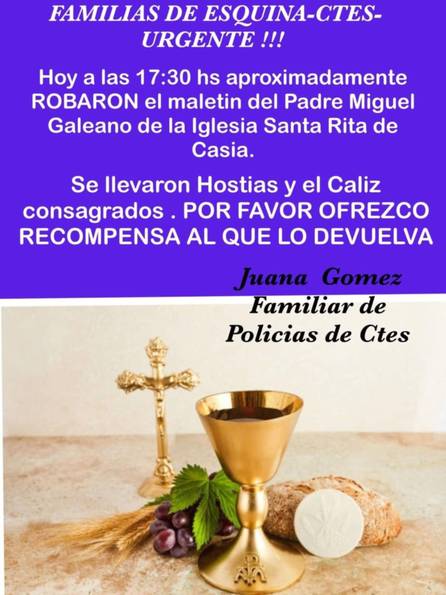 Se robaron el maletín de un párroco en Corrientes: buscan recuperar cáliz y hostias- Se robaron el maletín de un párroco en Corrientes: buscan recuperar cáliz y hostias
