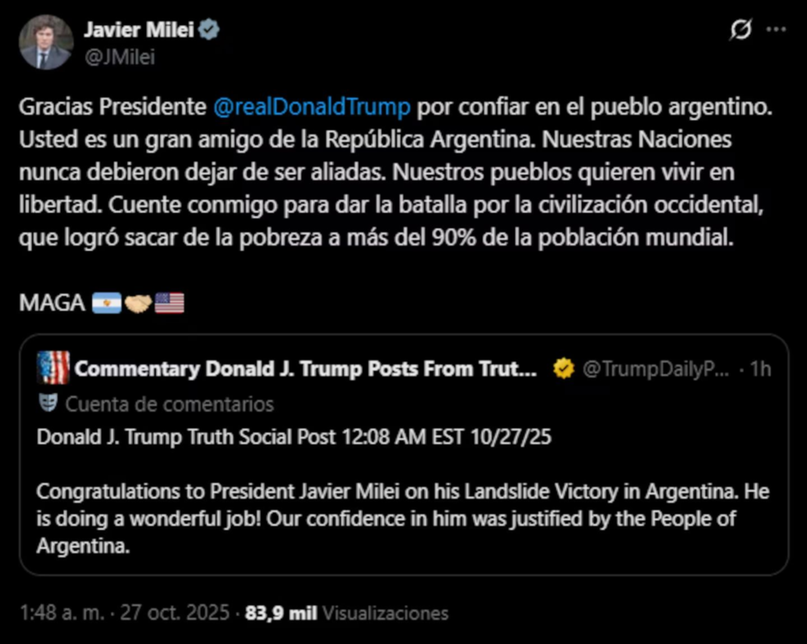 1761561692504 EL MENSAJE DE TRUMP PARA MILEI TRAS LAS ELECCIONES LEGISLATIVAS