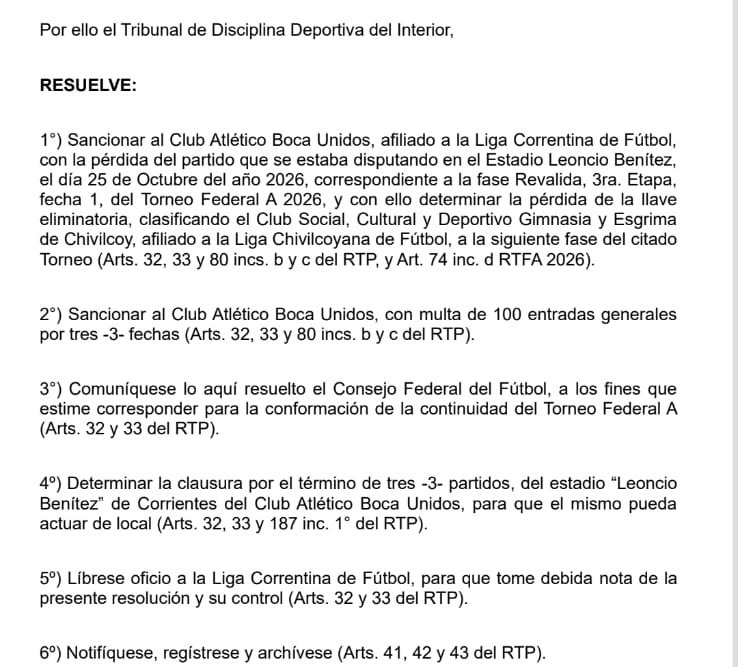 Dura sanción a Boca Unidos: quedó eliminado del torneo- Dura sanción a Boca Unidos: quedó eliminado del torneo