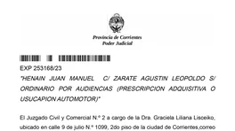 ED. "HENAIN JUAN MANUEL C/ ZARATE AGUSTIN LEOPOLDO S/ ORDINARIO POR AUDIENCIAS (PRESCRIPCI anuncio N° 0