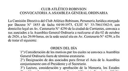 CLUB ATLÉTICO ROBINSON - CONVOCATORIA A ASAMBLEA GENERAL ORDINARIA anuncio N° 0