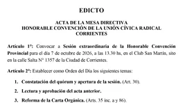 UNIÓN CÍVICA RADICAL CORRIENTES Sesión extraordinaria de la Honorable Convención Provincia anuncio N° 1