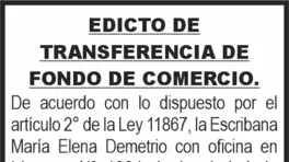 EDICTO DE TRANSFERENCIA DE FONDO DE COMERCIO anuncio N° 0