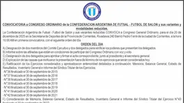 CONVOCATORIA a CONGRESO ORDINARIO de la CONFEDERACION ARGENTINA DE FUTSAL - FUTBOL DE SALO anuncio N° 0